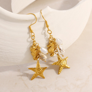 Boucles D'Oreilles Pendantes Pour Femme En Forme D'Étoile De Mer, En Acier Inoxydable Étanche, Couleur Or, Motif Coquillage. h5 Image3