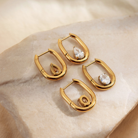Boucles d'oreilles créoles pour femmes en acier inoxydable étanche couleur or avec zircon, motif goutte d'eau