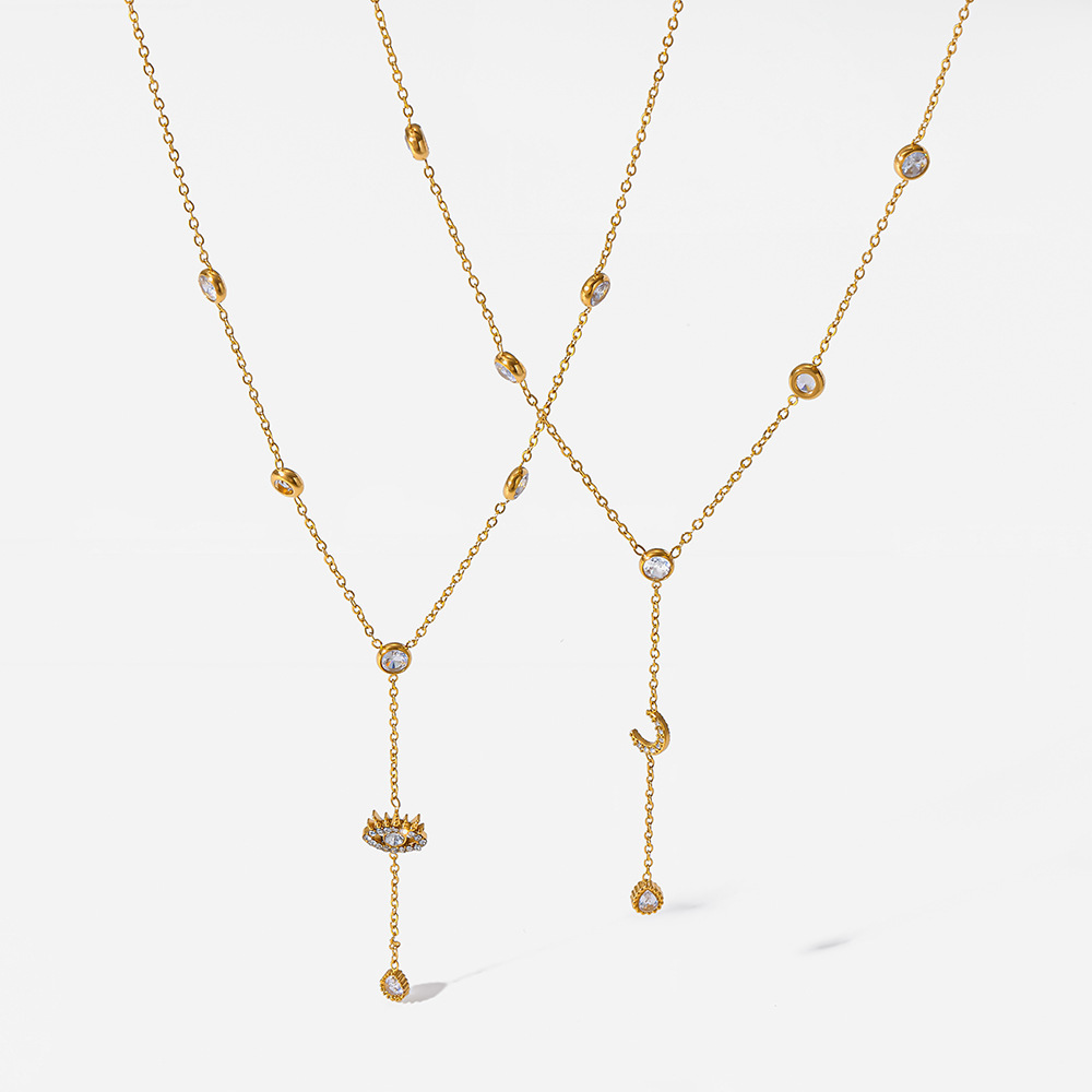 Colliers Pendentifs Pour Femmes, Luxueux Et Élégants, En Acier Inoxydable, Couleur Or, Ornés D'Un Zircon Et D'Un Œil De Diable En Forme De Lune. Image4