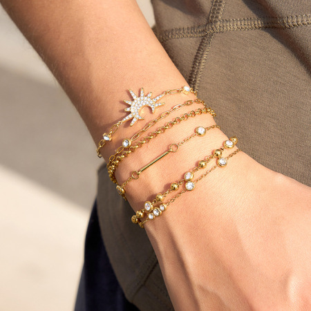 Bracelet à breloques pour femme en acier inoxydable étanche, forme soleil, couleur or, zircon.