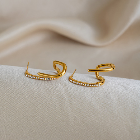 Boucles d'oreilles puces de luxe irrégulières en acier inoxydable étanche couleur or avec zircon pour femmes
