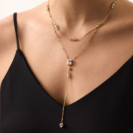 Colliers pendentifs pour femmes, luxueux et élégants, en acier inoxydable, étanches, avec zircon, de forme ronde ou rectangulaire. 2