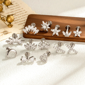 Boucles D'Oreilles Piercing Femme, Motif Fleur, Cœur, Nœud Papillon, Croix Et Lune, Couleur Cuivre Doré, Zircon. h5 Image6