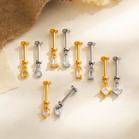 Boucles d'oreilles piercing rectangulaires pour femmes, couleur cuivre doré, avec zircon. 2