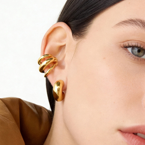 Boucles D'Oreilles À Pince Hélix Simple Series Daily, Forme Irrégulière, En Acier Inoxydable Étanche Couleur Or. h5 Image3
