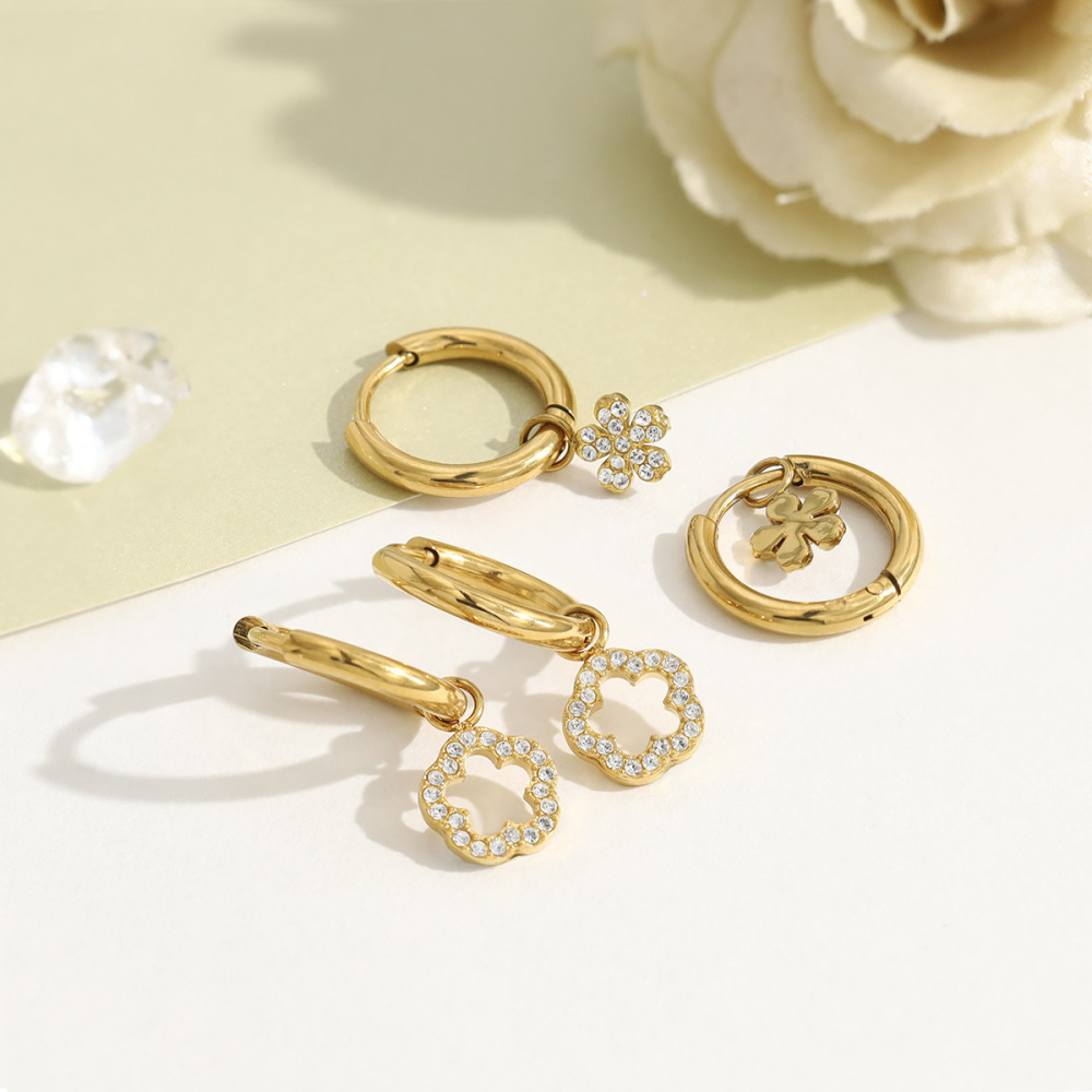 Boucles D'Oreilles Pendantes Pour Femme Sweet Flower En Acier Inoxydable Étanche Couleur Or Avec Strass Image4