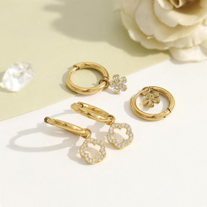 Boucles D'Oreilles Pendantes Pour Femme Sweet Flower En Acier Inoxydable Étanche Couleur Or Avec Strass h5 Image4