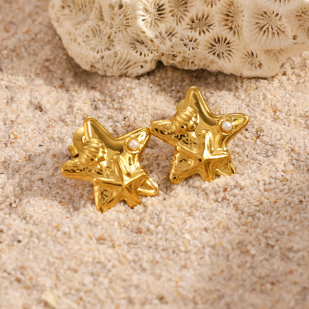 Boucles d'oreilles puces pour femmes, élégantes, en forme d'étoile de mer, en acier inoxydable étanche, couleur or, de la série Simple. 2