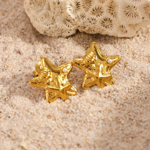Boucles D'Oreilles Puces Pour Femmes, Élégantes, En Forme D'Étoile De Mer, En Acier Inoxydable Étanche, Couleur Or, De La Série Simple. h5 Image2