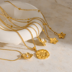 Colliers Pendentifs Romantiques Pour Femmes, En Acier Inoxydable, Étanches, Couleur Or, Avec Perle Et Motif Floral h5 Image3
