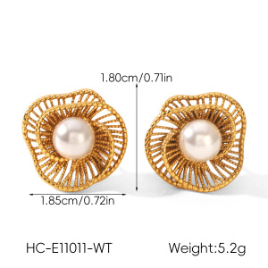 Boucles D'Oreilles Puces Pour Femmes, Style Rétro Simple, En Acier Inoxydable, Étanches, Couleur Or, Avec Pierre Naturelle Et Perle. h5 Image2