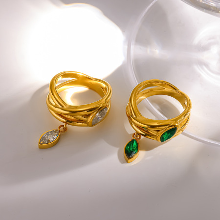 Bagues luxueuses rétro en acier inoxydable étanche couleur or, forme irrégulière, ornées de zircon. 2