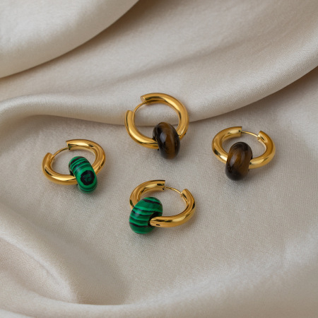 Boucles d'oreilles pendantes rétro rondes en acier inoxydable, étanches, couleur or, avec pierre naturelle