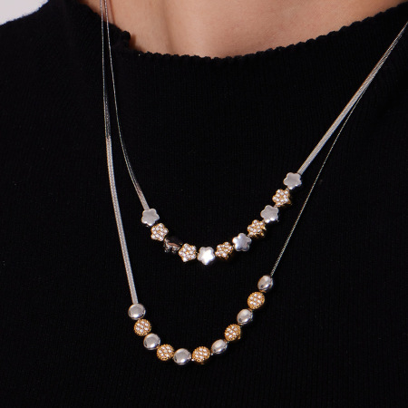 Colliers de perles pour femmes en acier inoxydable de couleur or et argent mélangés 2