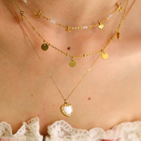 Collier pendentif romantique en forme de cœur, en acier inoxydable étanche, couleur or, avec coquillage