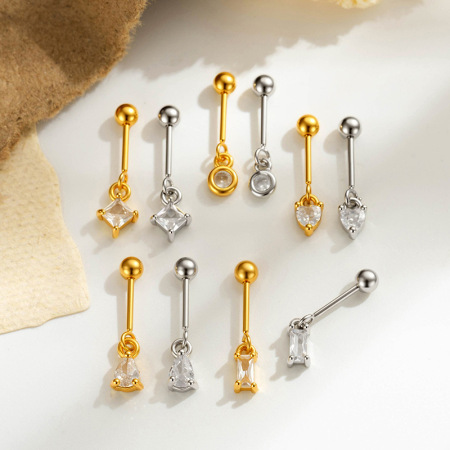 Boucles d'oreilles piercing femme, forme rectangulaire simple, couleur cuivre doré, zircon. 2