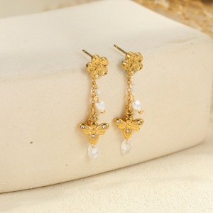 Boucles D'Oreilles Pendantes Pour Femme, Style Ailes De Fleur, En Acier Inoxydable Étanche, Couleur Or. h5 Image3