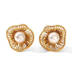 Boucles D'Oreilles Puces Pour Femmes, Style Rétro Simple, En Acier Inoxydable, Étanches, Couleur Or, Avec Pierre Naturelle Et Perle. h5