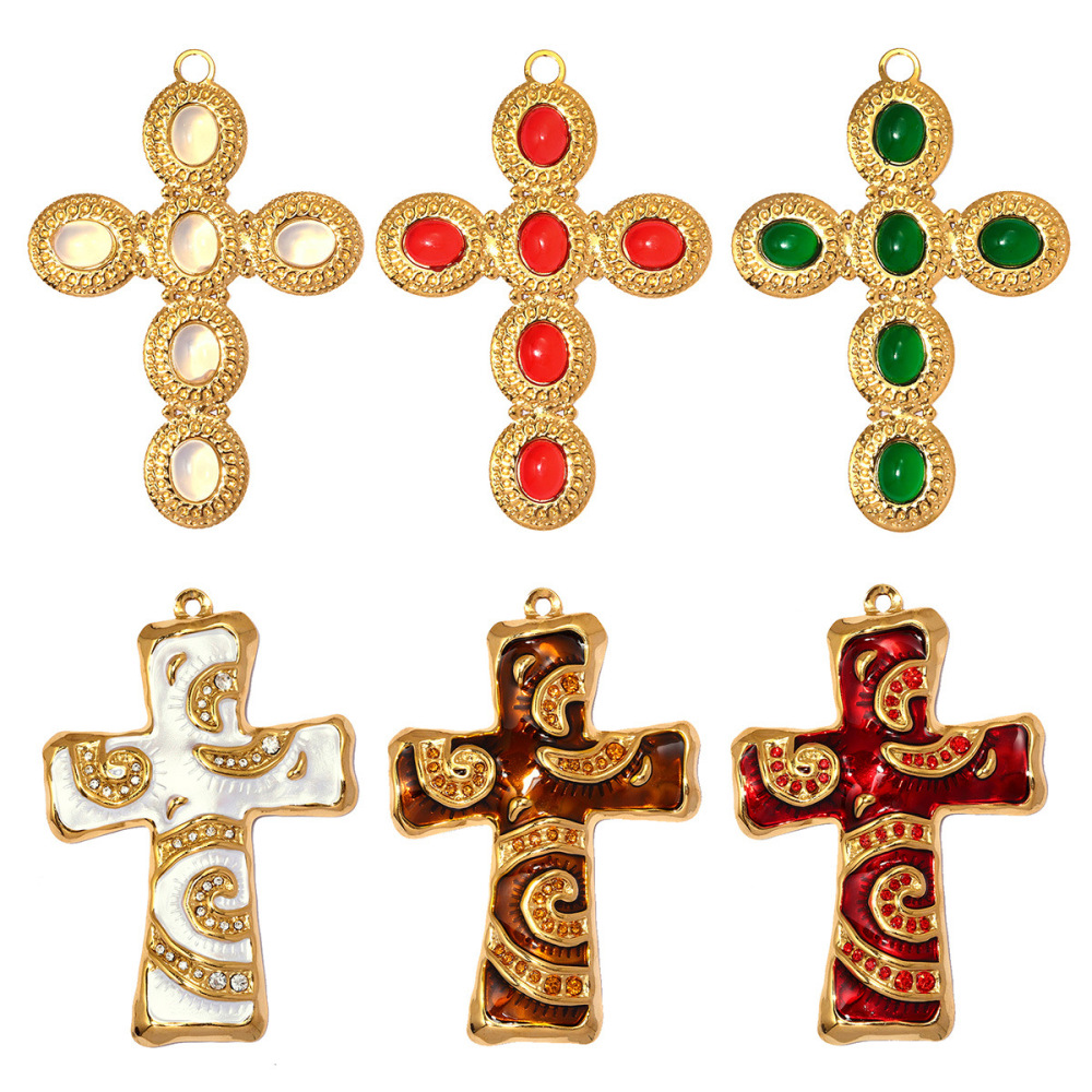 Pendentif Croix Diy Classique En Acier Inoxydable, Étanche, Couleur Or, Avec Pierre Naturelle Pour Femme h5Image3