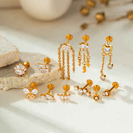 Boucles d'oreilles papillon en acier inoxydable étanche couleur or avec zircon pour piercing femme