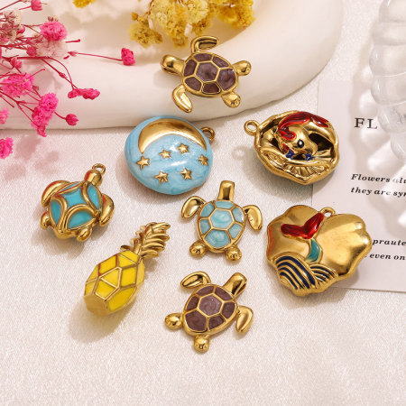 Pendentifs pour femmes en acier inoxydable, couleur or, motif tortue, fruit et coquillage soleil, série simple à faire soi-même