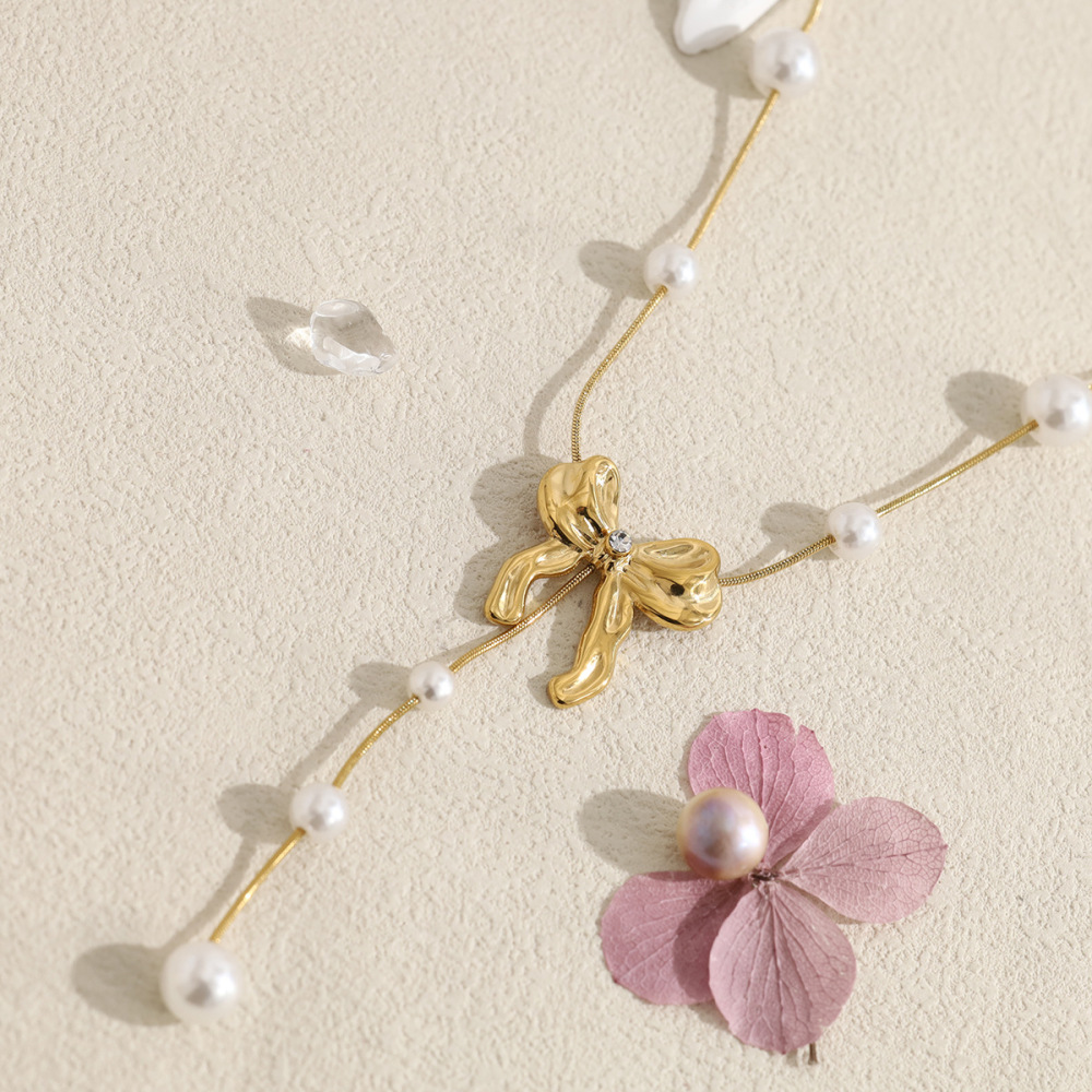Colliers Pendentifs Romantiques Pour Femmes, En Acier Inoxydable, Imperméables, Couleur Or, Avec Pendentif Papillon Et Perle. h5Image2