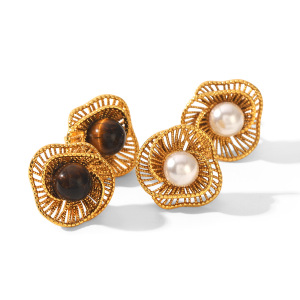 Boucles D'Oreilles Puces Pour Femmes, Style Rétro Simple, En Acier Inoxydable, Étanches, Couleur Or, Avec Pierre Naturelle Et Perle. h5 Image6