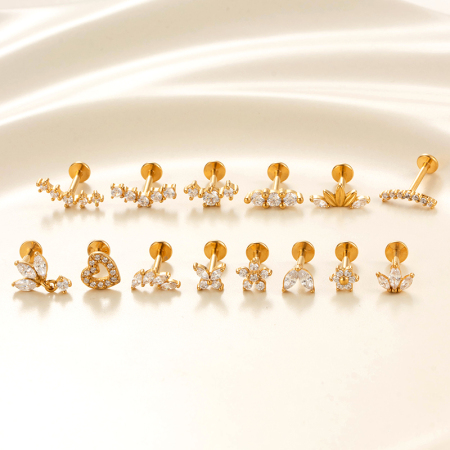 Boucles d'oreilles piercing pour femme, luxueuses, simples, en forme de cœur et de fleur, en acier inoxydable étanche, couleur or et zircon.