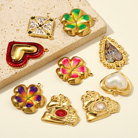 Pendentifs pour femmes en acier inoxydable, couleur or, en forme de cœur et de fleur, à faire soi-même, de la série Luxueuse 2