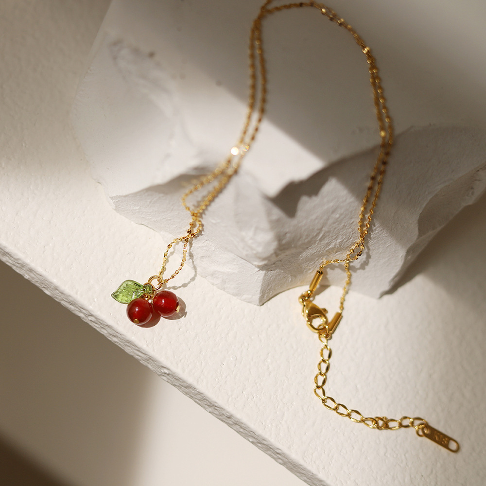 Colliers Pendentifs Pour Femmes En Acier Titane Et Métal, Motif Cerise Douce, Collection Romantique h5Image3