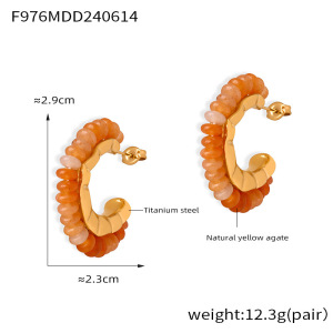 Boucles D'Oreilles Créoles Rétro Rondes En Acier Titane Doré Et Pierre Naturelle Pour Femmes h5