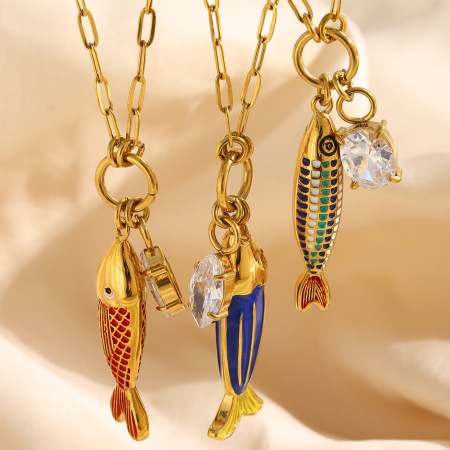 Colliers pendentifs pour femmes en acier inoxydable, couleur or, en forme de poisson émaillé, pour les vacances