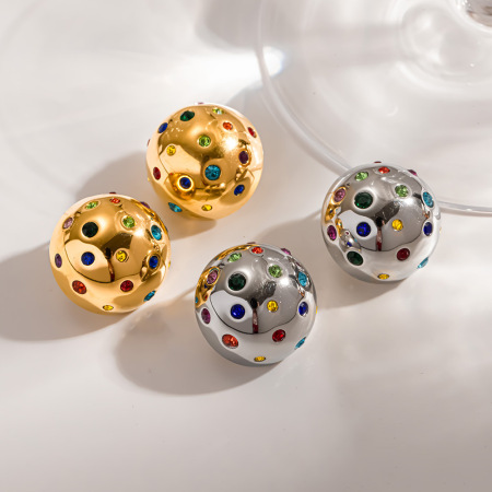 Boucles d'oreilles puces pour femmes Simple Series Daily Polka Dots en acier inoxydable étanche couleur or et zircon