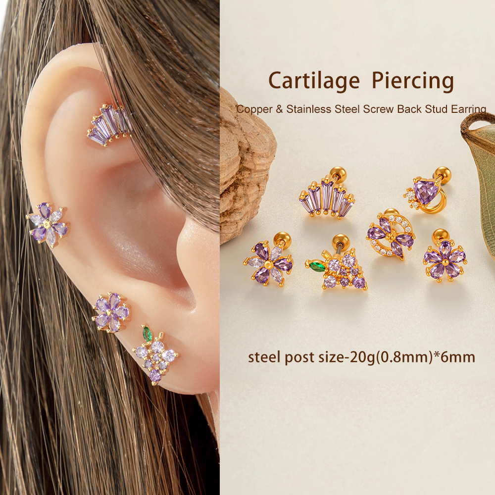 Boucles D'Oreilles Piercing Femme, Motif Fleur, Cœur Et Fruit, Couleur Cuivre Doré Et Zircon. h5Image5
