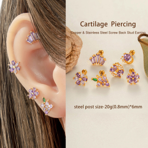 Boucles D'Oreilles Piercing Femme, Motif Fleur, Cœur Et Fruit, Couleur Cuivre Doré Et Zircon. h5 Image5