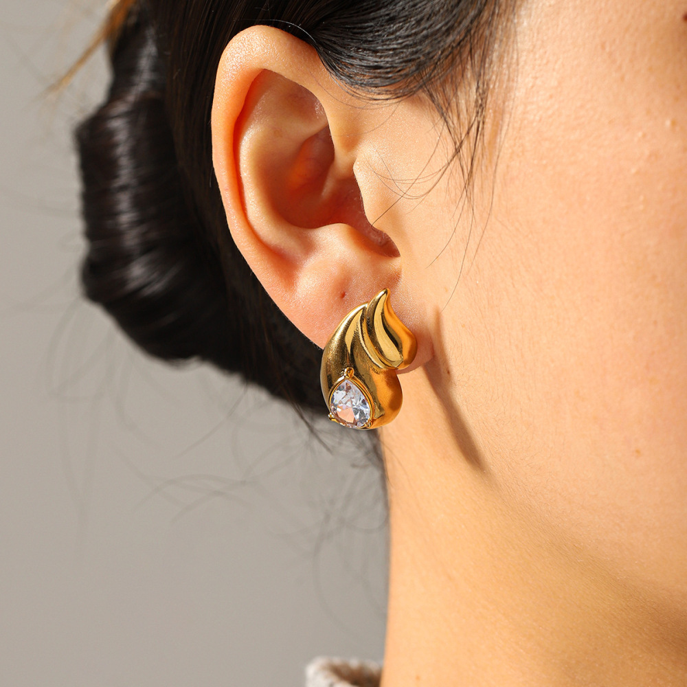 Boucles D'Oreilles Puces Pour Femmes Simple Series Daily Droplet En Acier Inoxydable, Étanches, Couleur Or, Zircon Et Perle. Image6