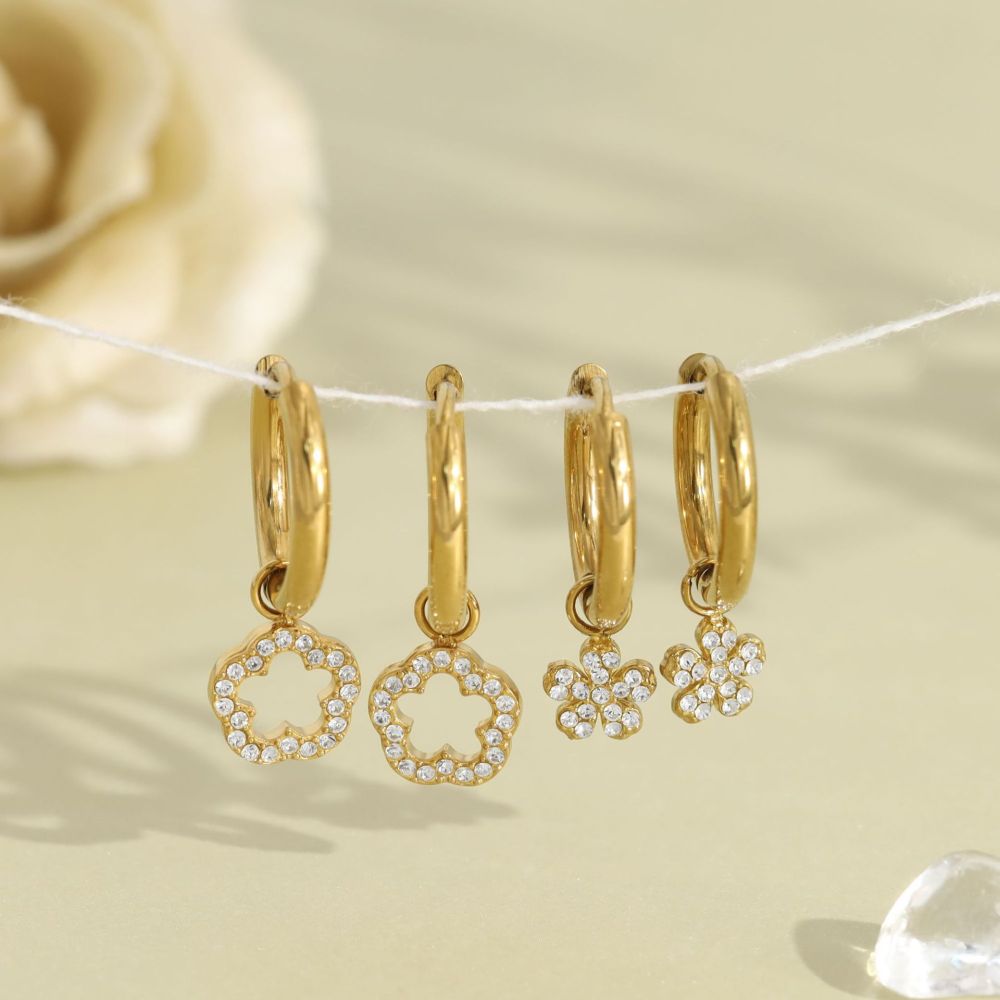 Boucles D'Oreilles Pendantes Pour Femme Sweet Flower En Acier Inoxydable Étanche Couleur Or Avec Strass Image3