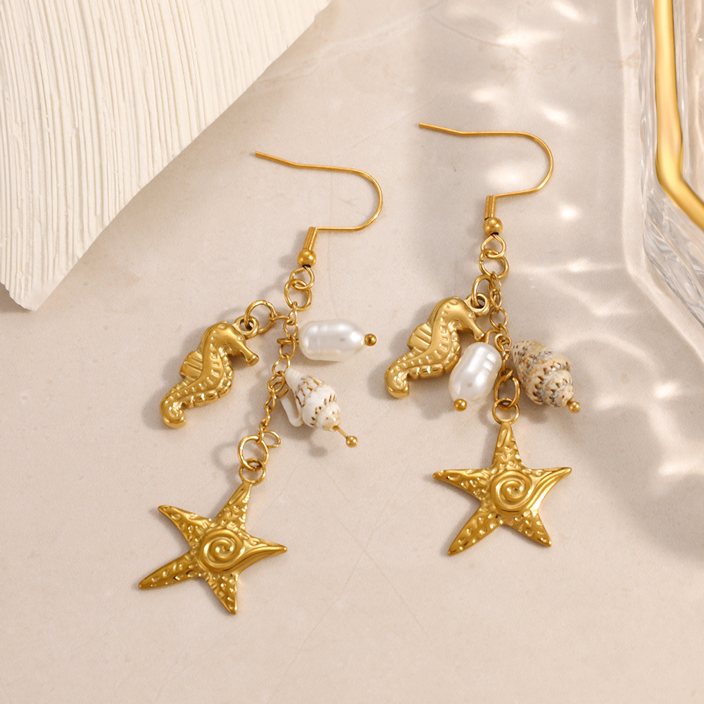 Boucles D'Oreilles Pendantes Pour Femme En Forme D'Étoile De Mer, En Acier Inoxydable Étanche, Couleur Or, Motif Coquillage. Image2