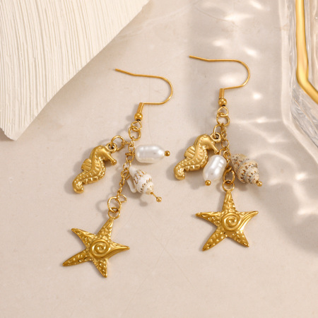 Boucles d'oreilles pendantes pour femme en forme d'étoile de mer, en acier inoxydable étanche, couleur or, motif coquillage. 2