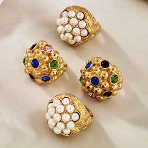 Bagues De Luxe Rétro À Motif Floral En Acier Inoxydable Étanche, Ornées De Zircon Et De Perles. h5 Image4