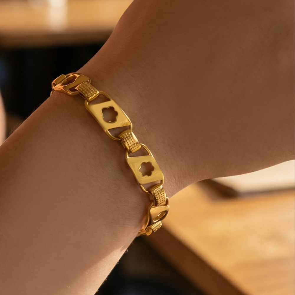 Bracelets À Maillons Pour Femmes En Acier Inoxydable Doré Ajouré Avec Motif Floral h5Image4