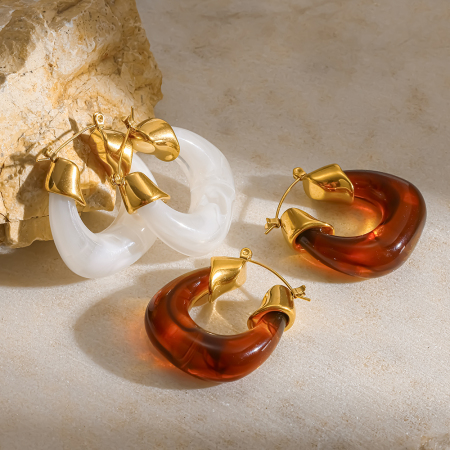 Boucles d'oreilles créoles rétro en résine et acier inoxydable, couleur or, pour femmes