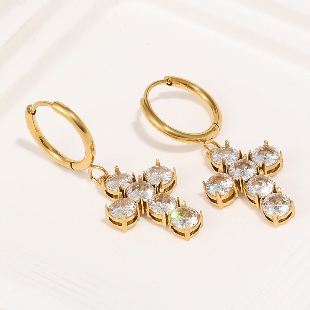 Boucles D'Oreilles Pendantes Pour Femme, En Acier Inoxydable, Couleur Or, Avec Zircon Et Croix Simple. h5Image4