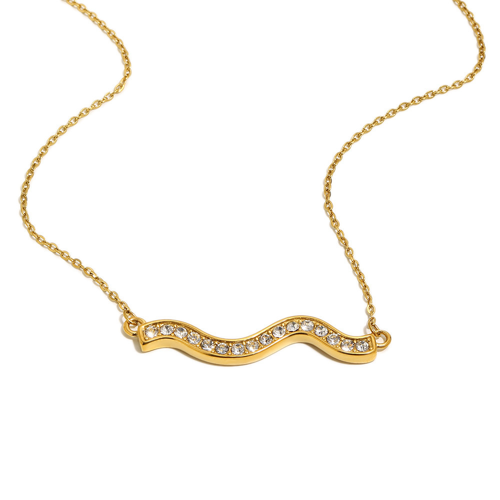 Colliers Pendentifs Pour Femmes En Acier Inoxydable, Étanches, Couleur Or, Avec Strass, Forme Ondulée Simple 