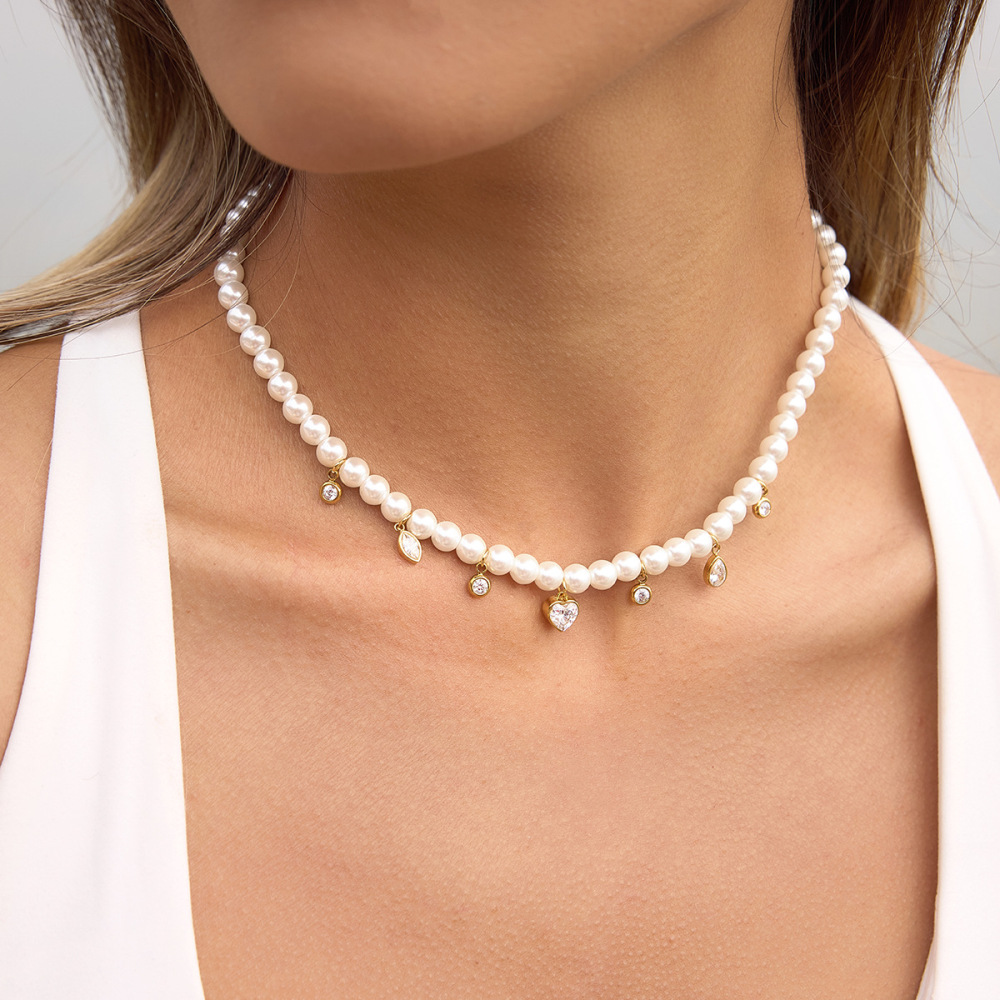 Colliers Pendentifs Pour Femmes En Acier Inoxydable, Perles En Forme De Cœur Rétro, Zircon Couleur Or, Étanches Image2