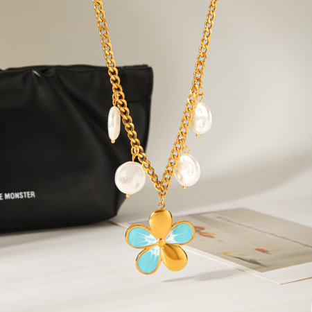 Colliers Pendentifs Pour Femmes En Acier Inoxydable, Couleur Or, En Forme De Fleur Et Perle, Étanches 2