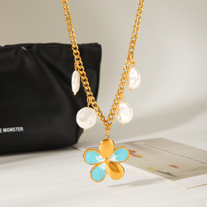 Colliers Pendentifs Pour Femmes En Acier Inoxydable, Couleur Or, En Forme De Fleur Et Perle, Étanches h5 Image3