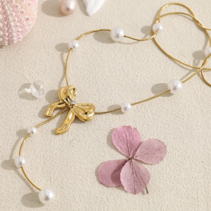 Colliers Pendentifs Romantiques Pour Femmes, En Acier Inoxydable, Imperméables, Couleur Or, Avec Pendentif Papillon Et Perle. h5 Image3