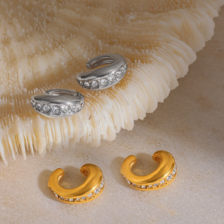 Boucles d'oreilles manchette pour femmes en acier inoxydable étanche, couleur or, ornées de strass 2
