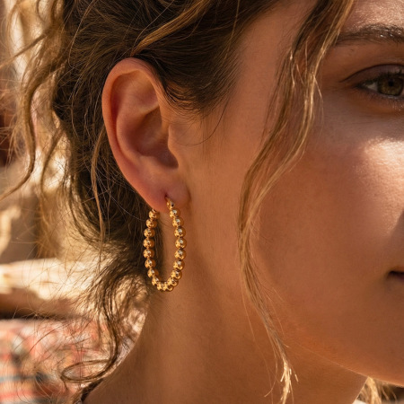 Boucles d'oreilles créoles pour femmes, en acier inoxydable doré et perles simples 2